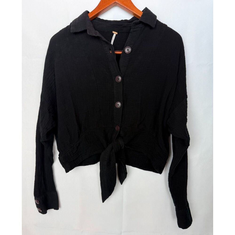 Free People Medium M Whimsigoth Black Cotton Gauze Cropped Tie Front Shirt Boho